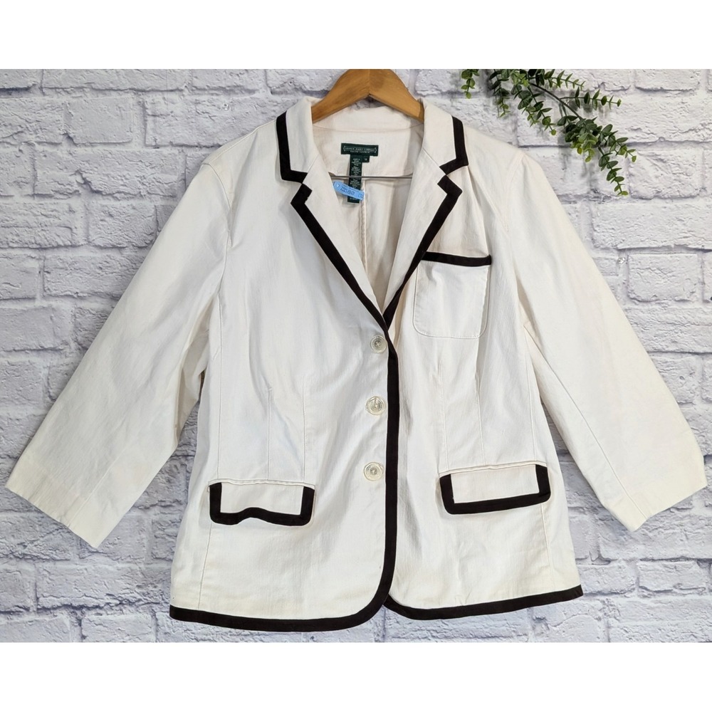 CLASSY!🌿Ralph Lauren Jeans Co Women 1X Cream Denim Blazer Trim Structured Crop